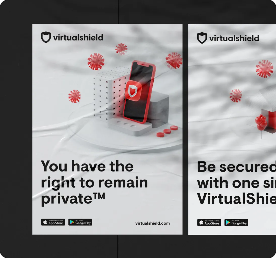 VirtualShield ad featuring a smartphone with a shield icon surrounded by virus-like red particles and text saying You have the right to remain private.