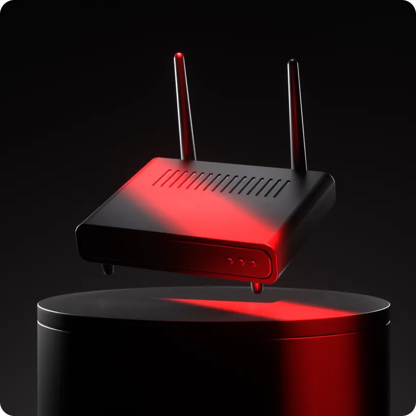 Black wireless router with two antennas illuminated by red light, floating above a cylindrical pedestal against a dark background.
