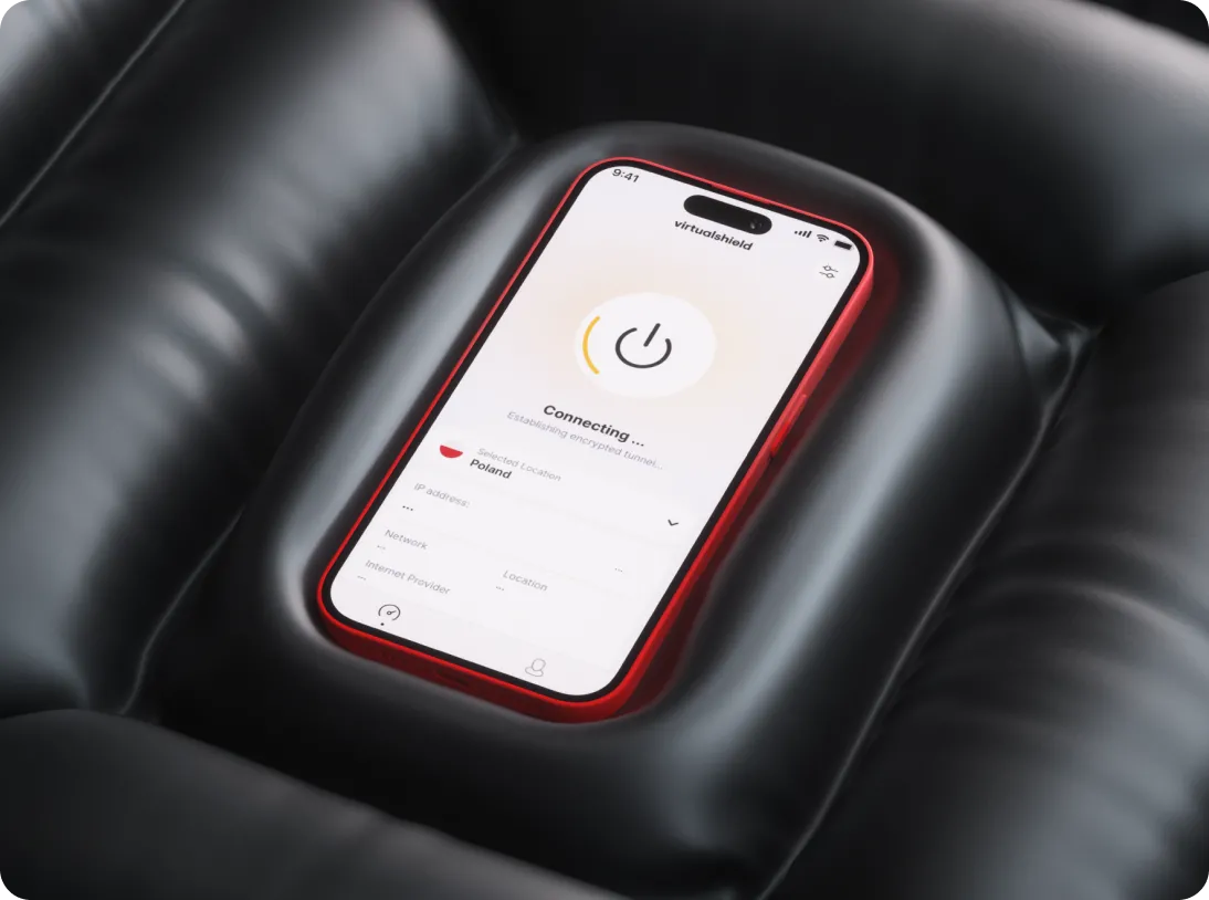 Smartphone with red case displaying a VPN app connecting to a server in Poland, placed in a black leather car seat cup holder.