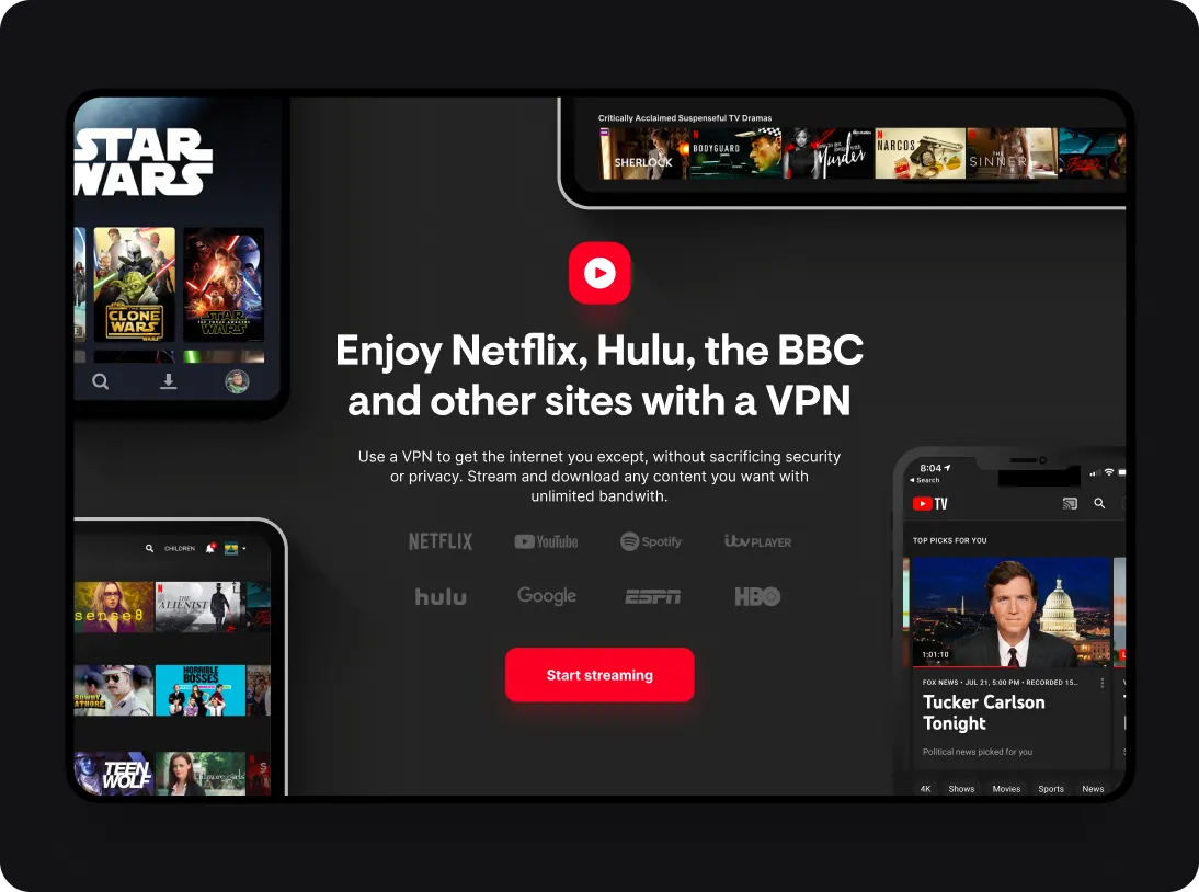 Digital devices showing streaming platforms with text promoting VPN for Netflix, Hulu, BBC, and other sites plus a red 'Start streaming' button.
