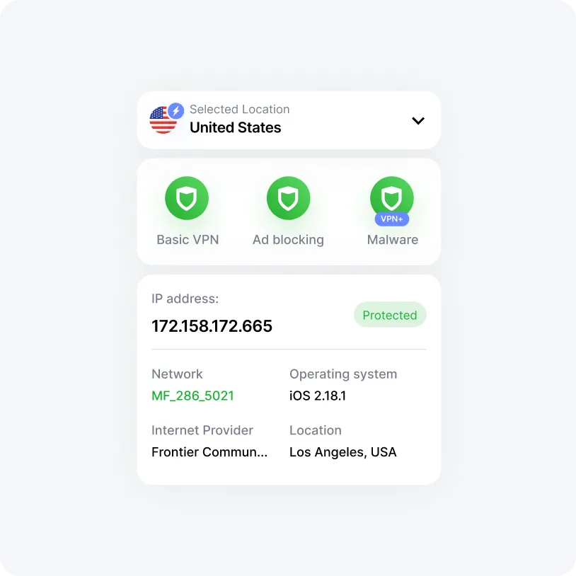 VPN interface showing selected location as United States with features Basic VPN, Ad blocking, Malware, IP address 172.158.172.665 marked as Protected, network MF_286_5021, iOS 2.18.1 operating system, Frontier Communications as internet provider, and location Los Angeles, USA.