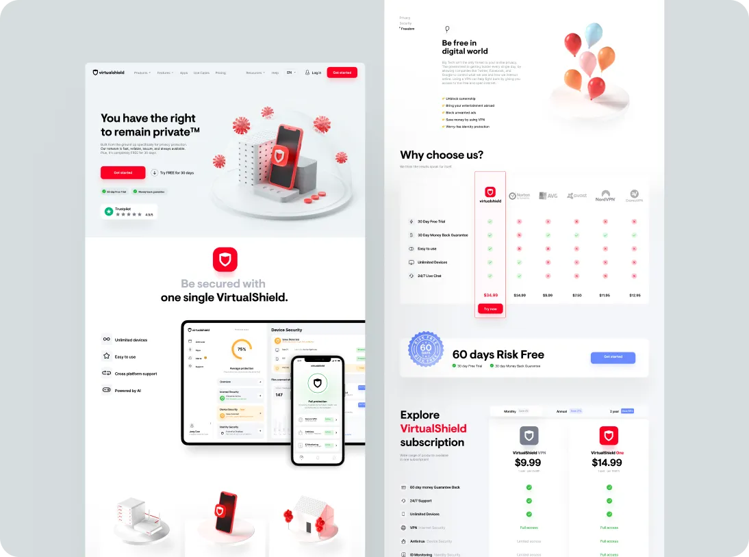VirtualShield VPN webpage showing privacy protection features, subscription plans, and a comparison chart with competitors.