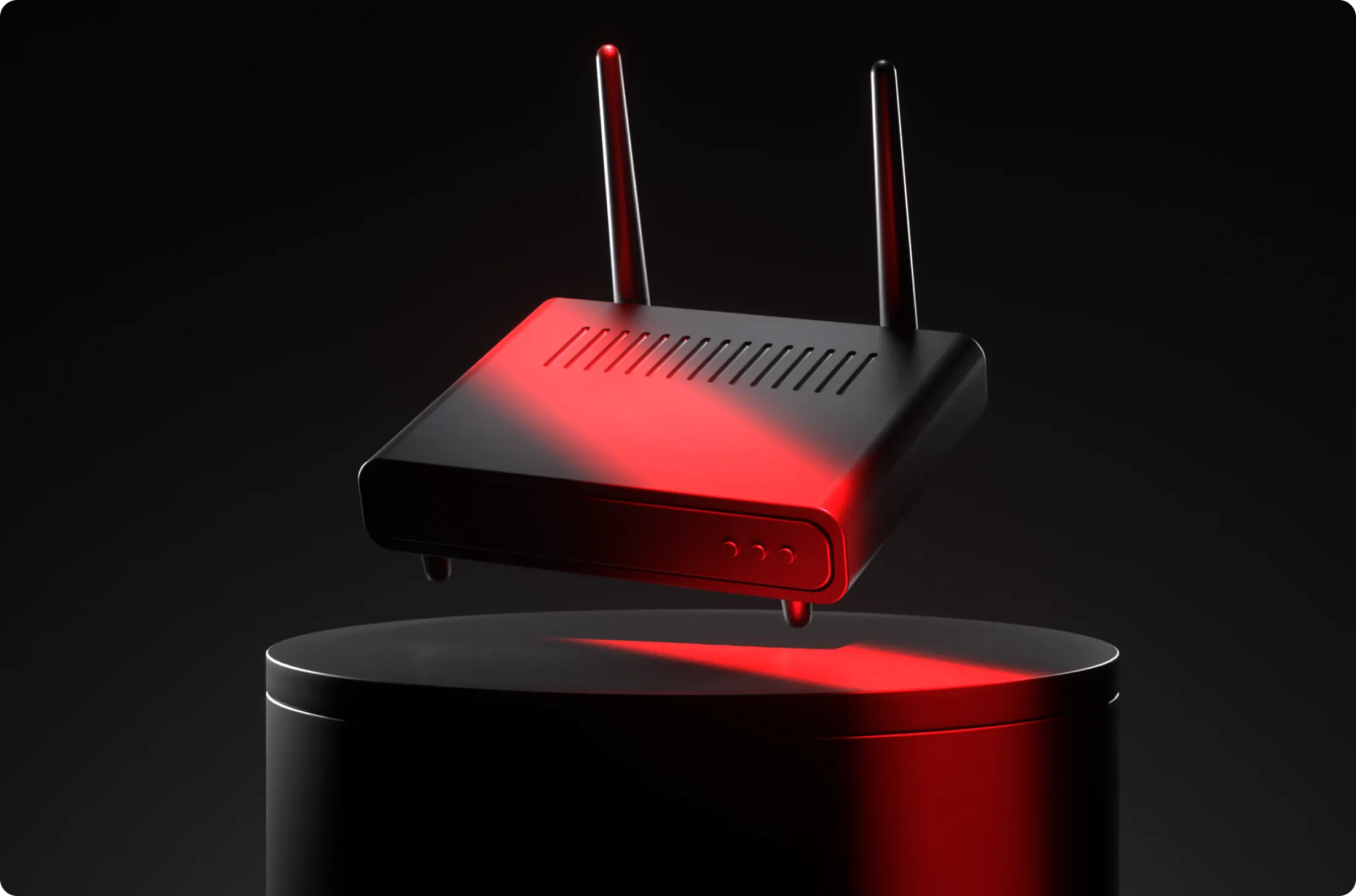 Black wireless router with two antennas illuminated by red light, floating above a cylindrical dark pedestal.