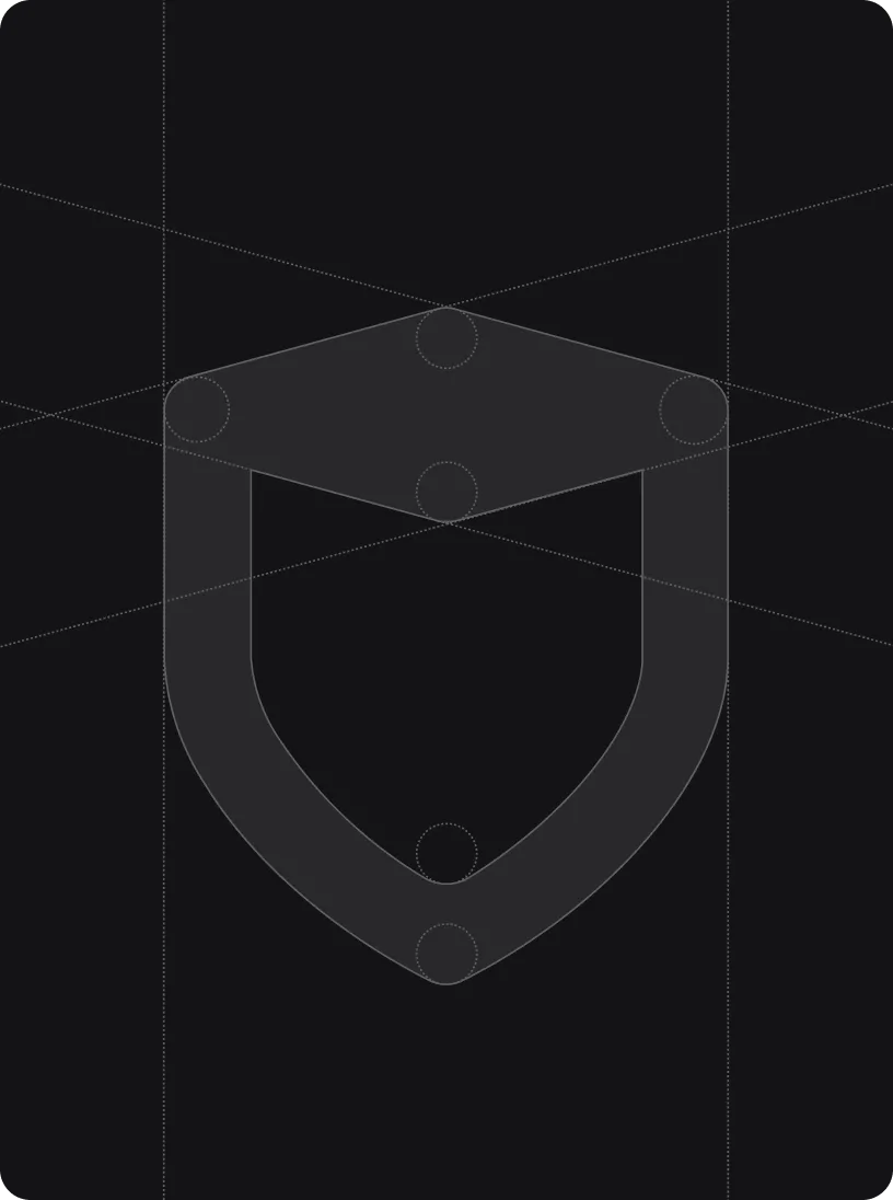 Transparent shield icon with five circular nodes on a dark background with faint grid lines.