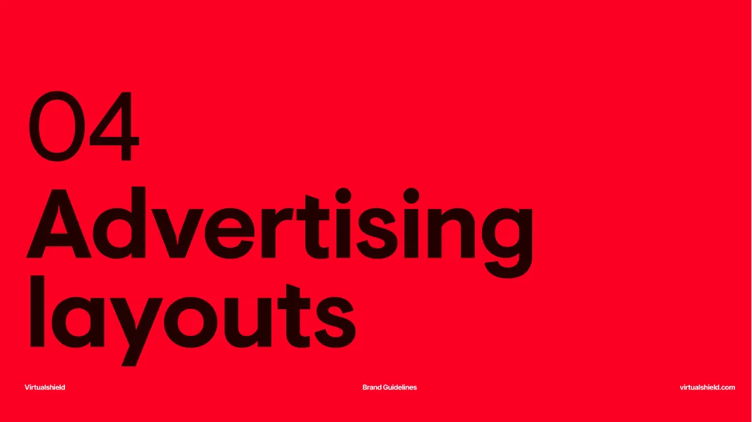 Red background with large black text reading '04 Advertising layouts' and small white text 'Virtualshield', 'Brand Guidelines', and 'virtualshield.com'.