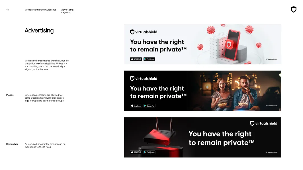 Three Virtualshield ads with the slogan 'You have the right to remain private™': a phone surrounded by virus particles, a couple watching a movie with popcorn, and a Wi-Fi router emitting red light.
