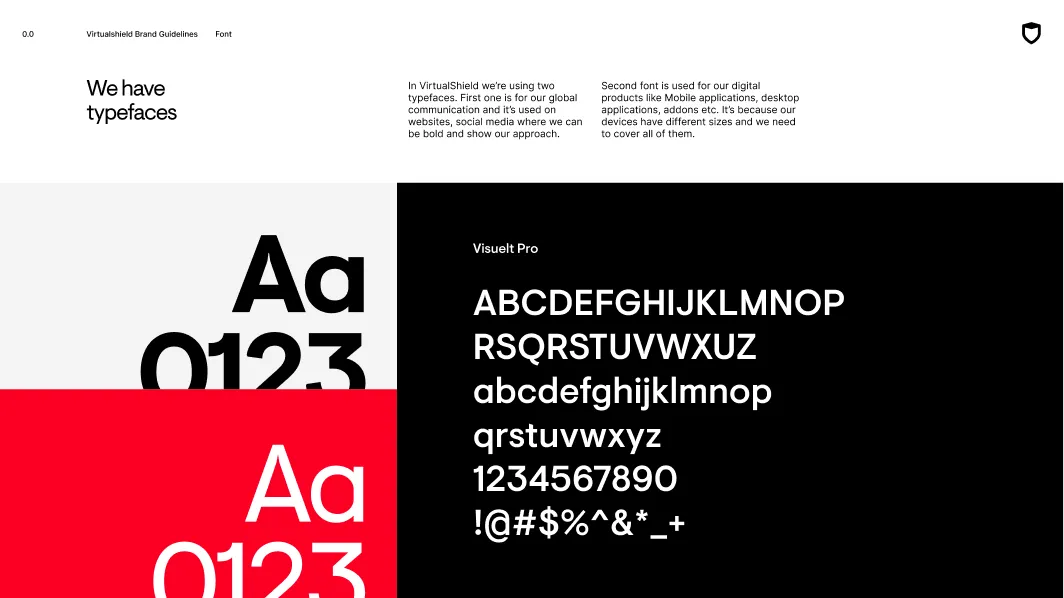 Brand guidelines page showing two typefaces: bold black letters and numbers on white and red backgrounds on left, and white Visuelt Pro font sample with uppercase, lowercase, numbers, and symbols on black background on right.