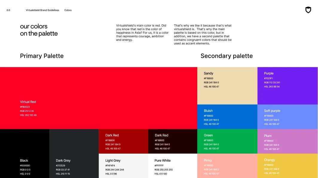 Virtualshield brand color palette chart showing primary palette with Virtual Red, Black, Dark Grey, Dark Red, Light Grey, and Pure White, and secondary palette with Sandy, Purple, Bluish, Soft purple, Green, Plum, Pinky, and Orangy colors, each with their HEX, RGB, and HSL values.