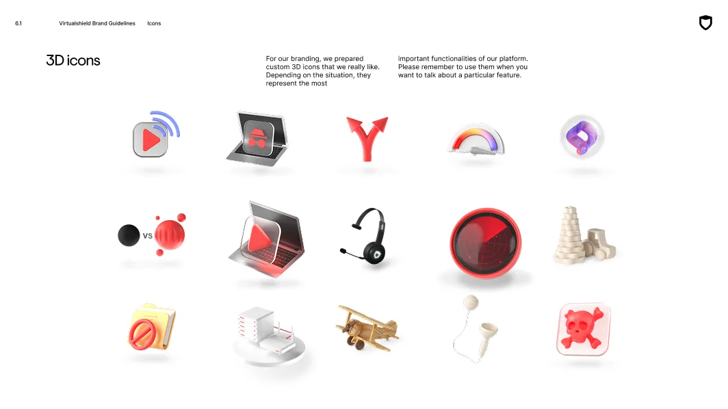 Collection of 15 custom 3D icons including play buttons, laptop with spy hat, directional arrows, speedometer, VR headset, vs symbols, headphones, radar, construction blocks, restricted folder, server stack, wooden airplane, ball and cup toy, and skull and crossbones in red and neutral tones.