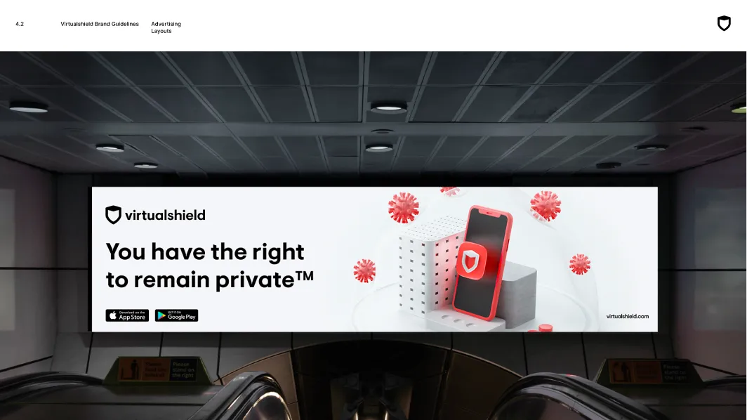 Subway advertisement for Virtualshield with text 'You have the right to remain private™' and an image of a smartphone with a shield icon surrounded by red virus particles.