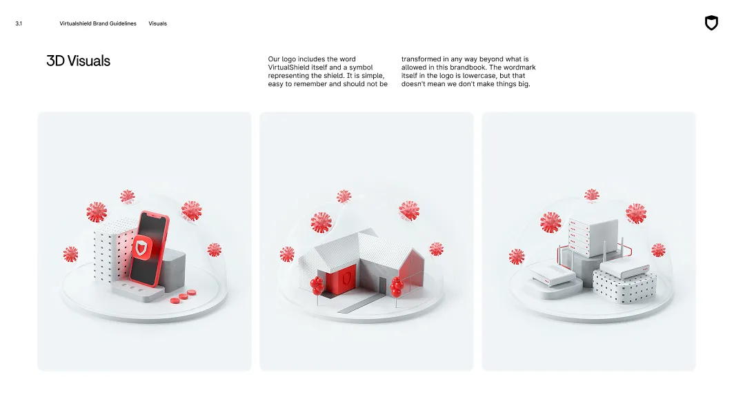 Three 3D visuals under glass domes showing a smartphone with shield logo, a house with shield emblem surrounded by red virus icons, and a group of server and storage devices with viruses.