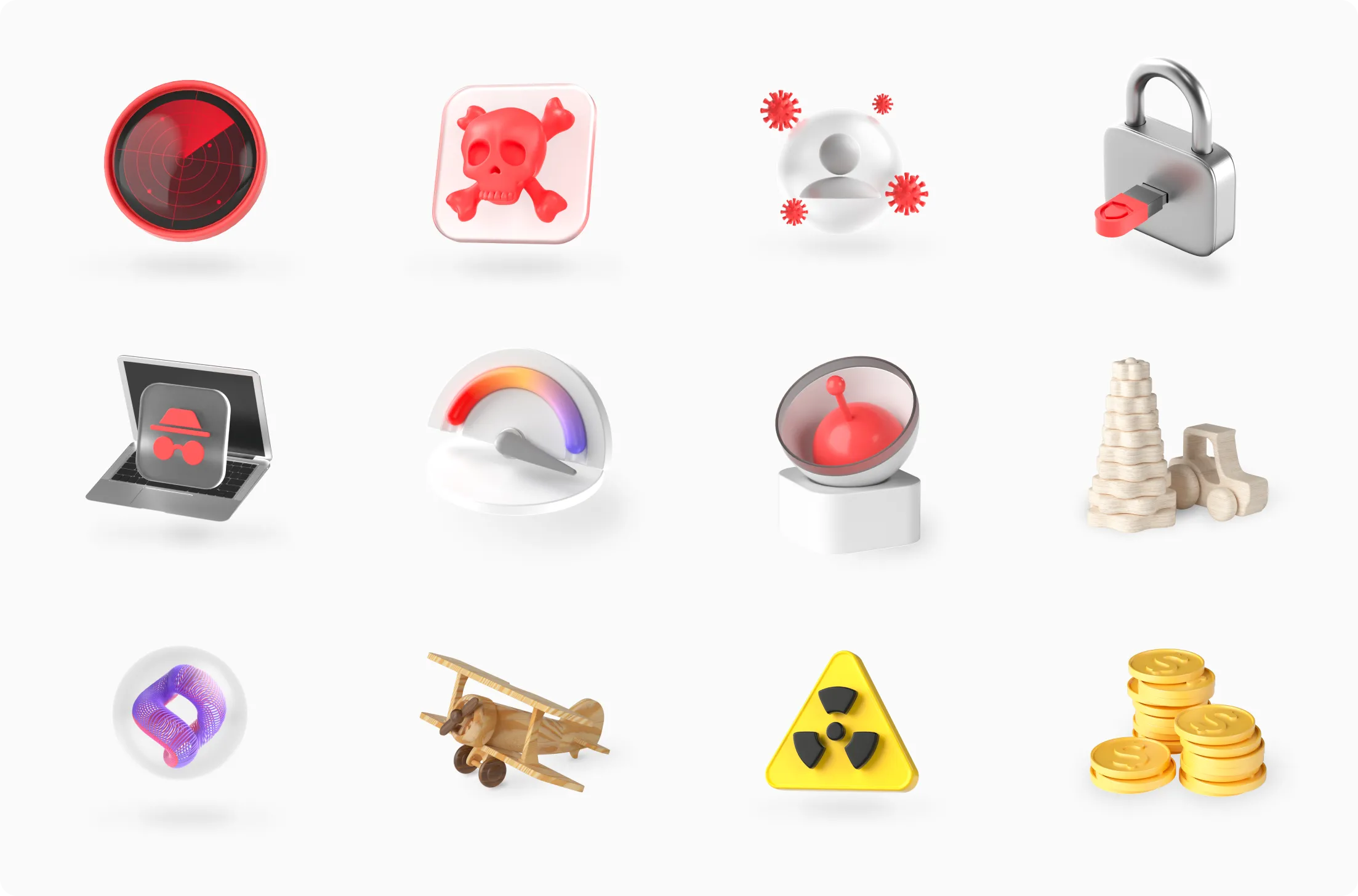 Twelve 3D icons including radar, skull and crossbones, virus-infected person, padlock with key, laptop with incognito icon, speedometer, satellite dish, wooden toy truck and ring stack, abstract purple loop, wooden airplane, radioactive warning sign, and stacks of gold coins.