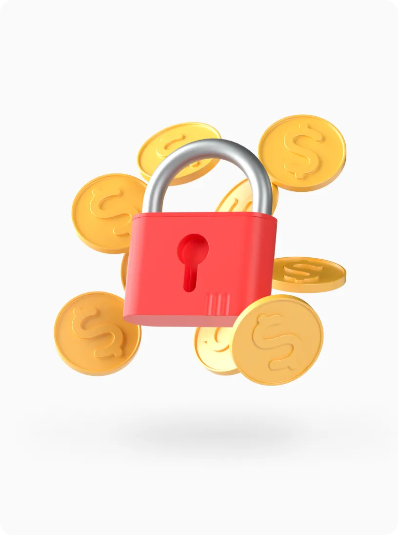 Red padlock surrounded by floating gold coins with dollar signs.
