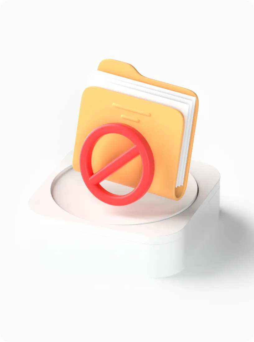 Yellow file folder with papers and a red prohibition symbol, placed on a white square platform.