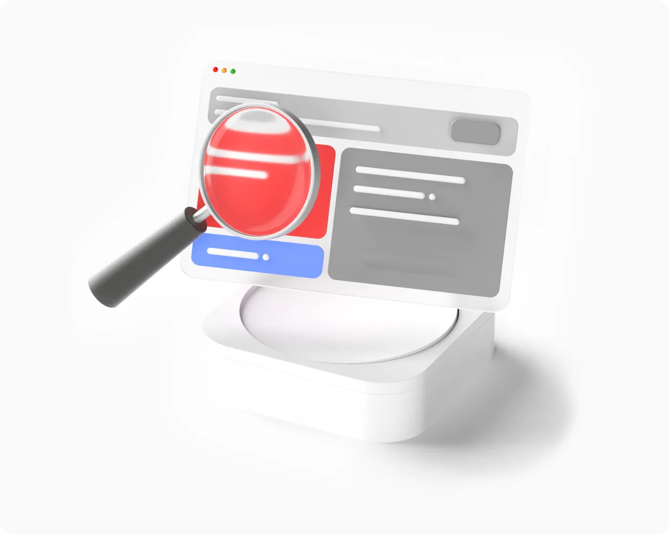 3D illustration of a magnifying glass zooming in on a computer screen displaying a web page with colored blocks and text.