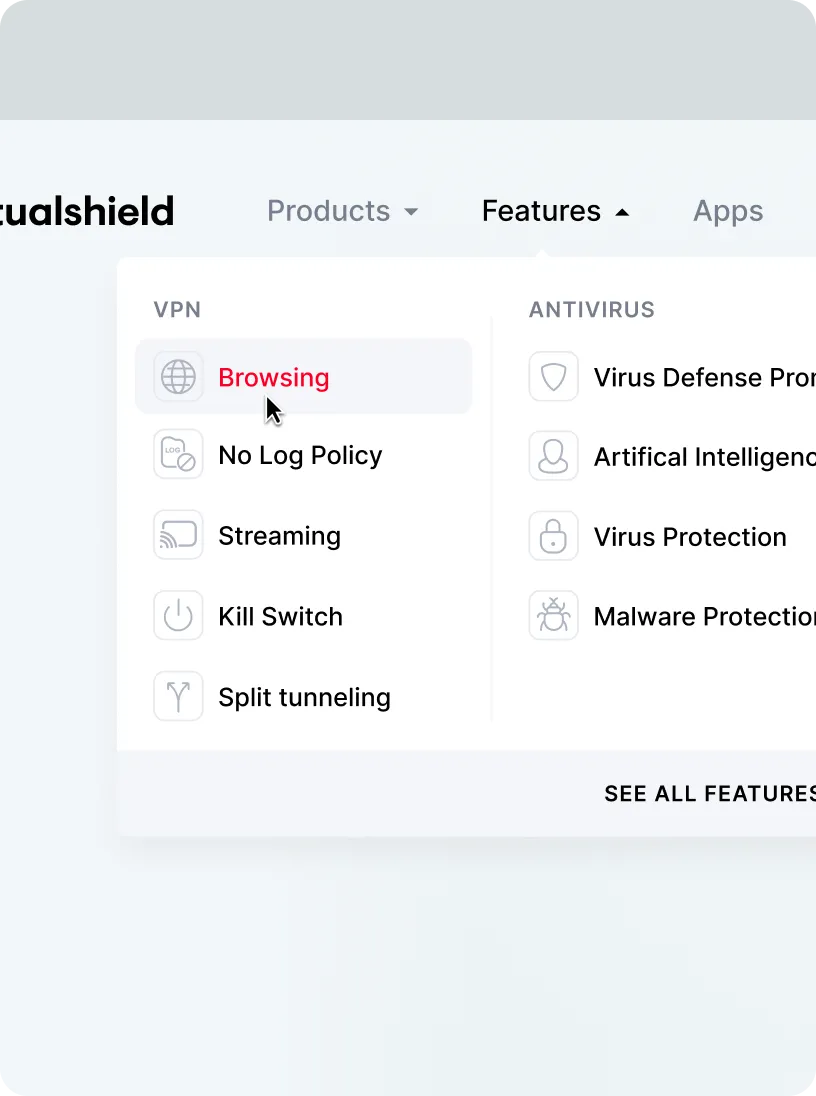Dropdown menu showing Features with VPN options including Browsing, No Log Policy, Streaming, Kill Switch, and Split tunneling, and Antivirus options including Virus Defense, Artificial Intelligence, Virus Protection, and Malware Protection.