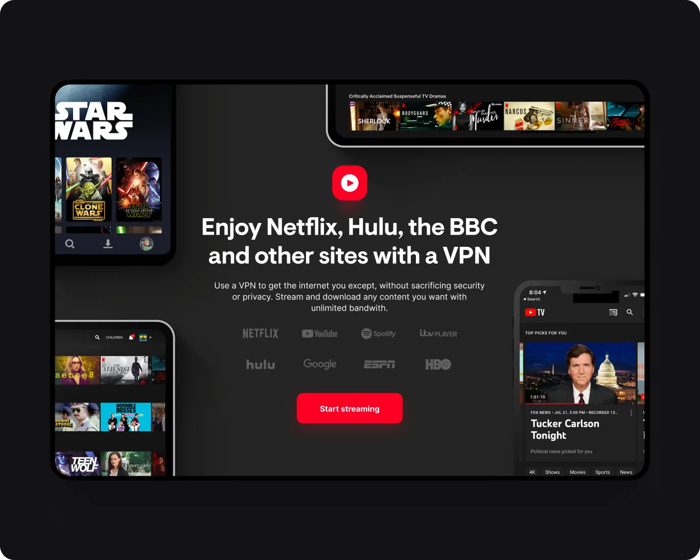 Digital devices showing streaming content with text promoting VPN use for Netflix, Hulu, BBC, and more with unlimited bandwidth.