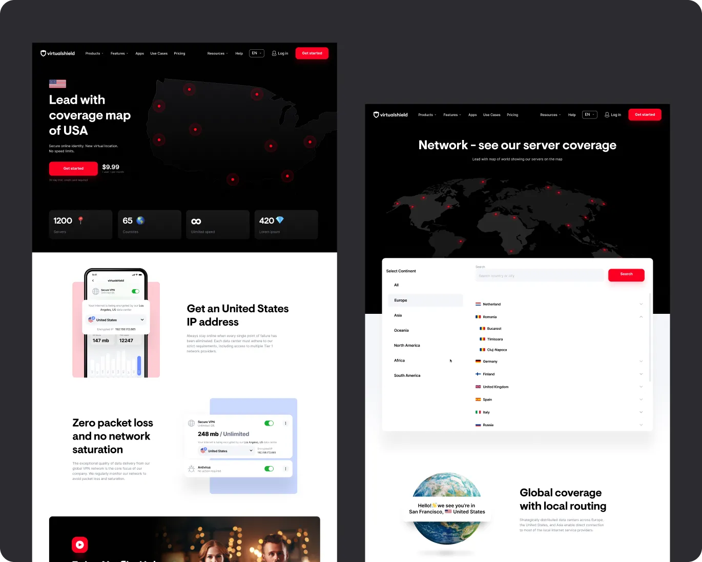 Virtualshield VPN interface showing USA coverage map with server locations, statistics, and global server network map with country list and global coverage highlights.