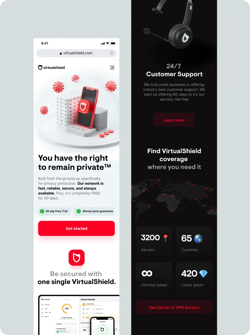 Screenshot of VirtualShield website homepage showing a mobile phone with a shield icon, text about privacy protection and a 30-day free trial, alongside a dark panel highlighting 24/7 customer support with a headset image and VPN server statistics including 3200 servers and 65 countries.