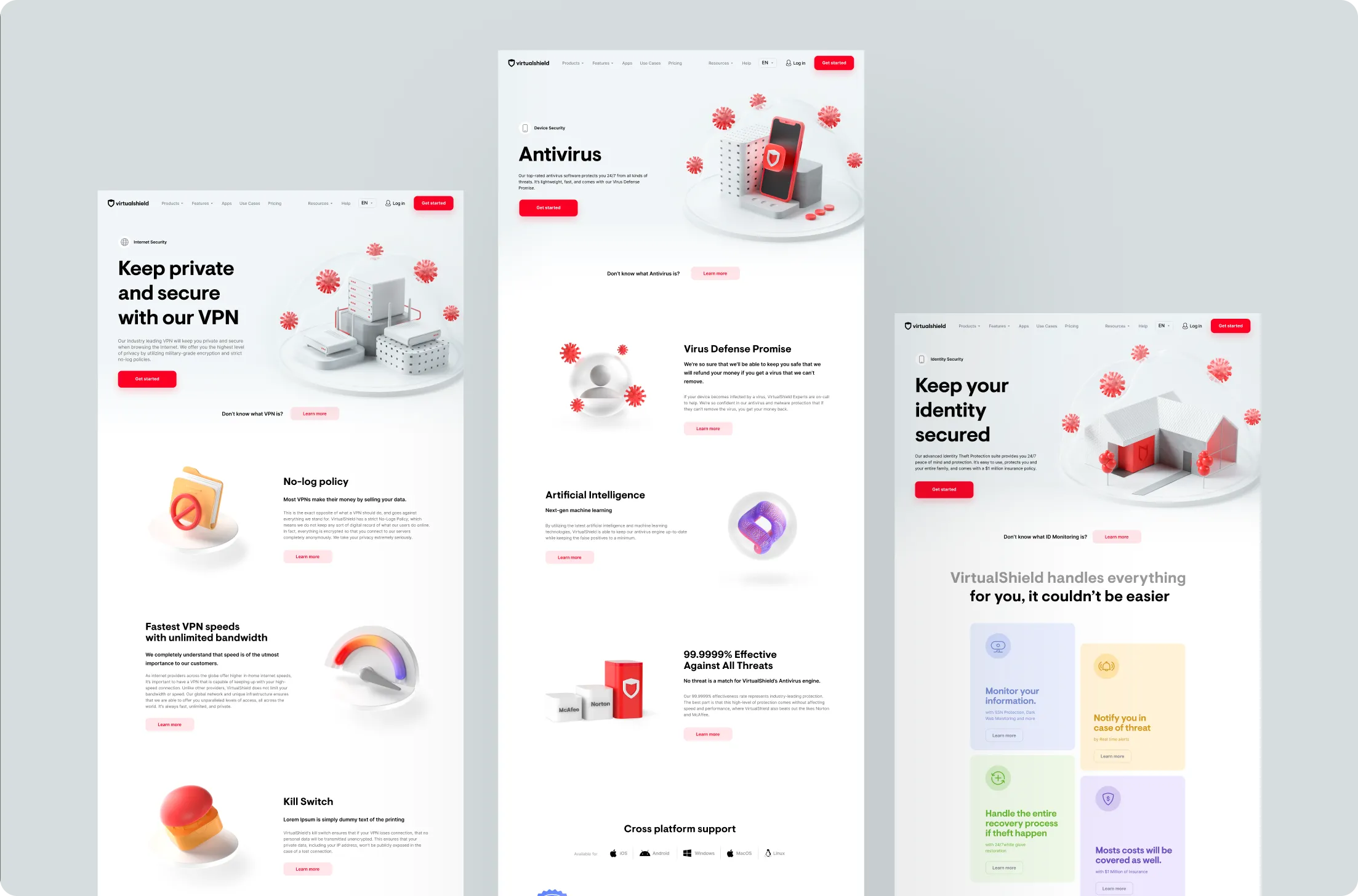 Three VirtualShield product pages showcasing VPN security, Antivirus protection, and Identity security with icons and 3D visuals.