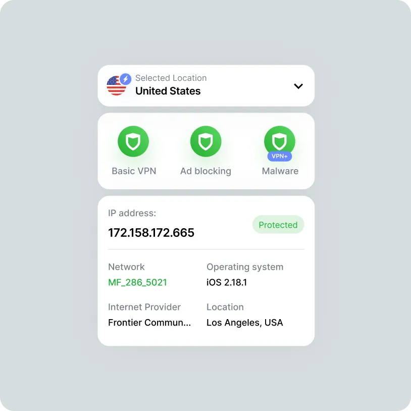 VPN app interface showing selected location as United States with Basic VPN, Ad blocking, and Malware protection enabled. IP address 172.158.172.665 is protected. Network MF_286_5021, Operating system iOS 2.18.1, Internet provider Frontier Communications, Location Los Angeles, USA.