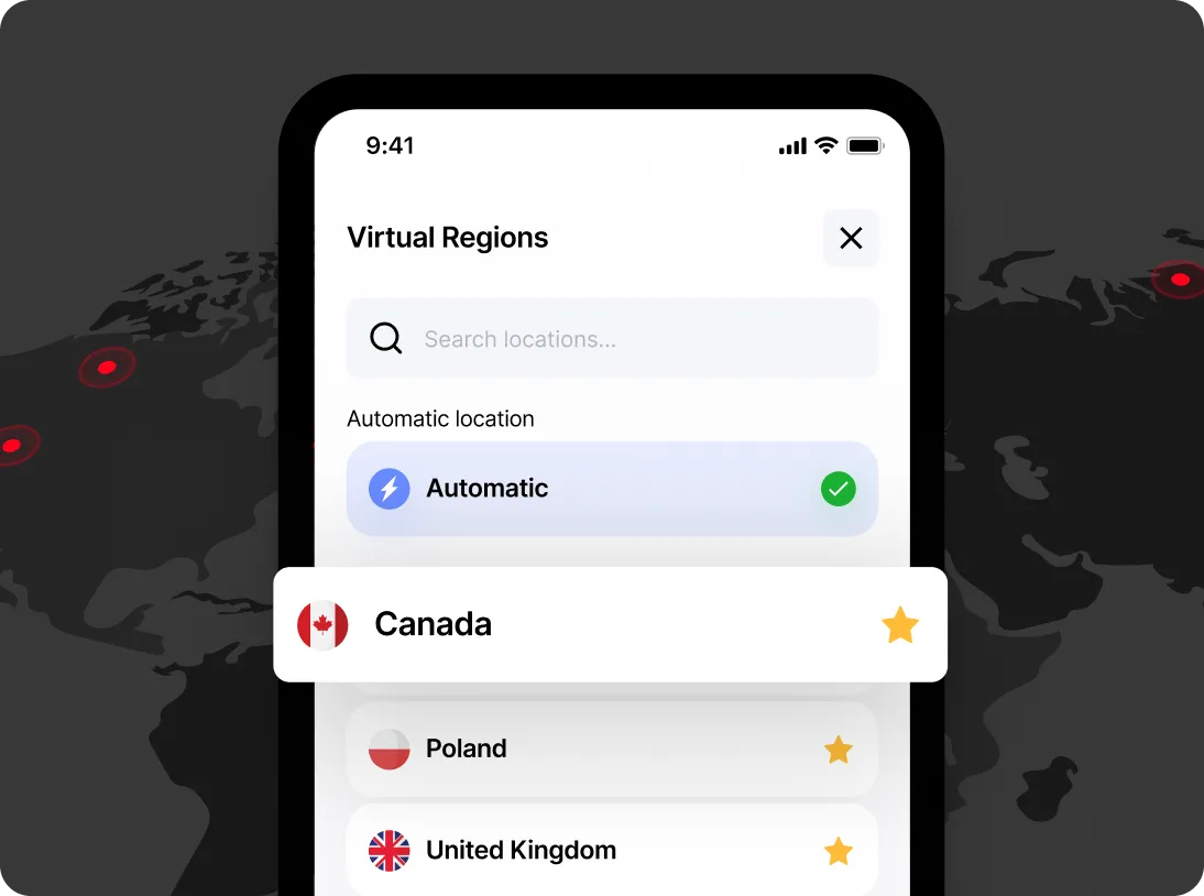 Mobile app screen showing virtual regions selection with options including Automatic, Canada, Poland, and United Kingdom.