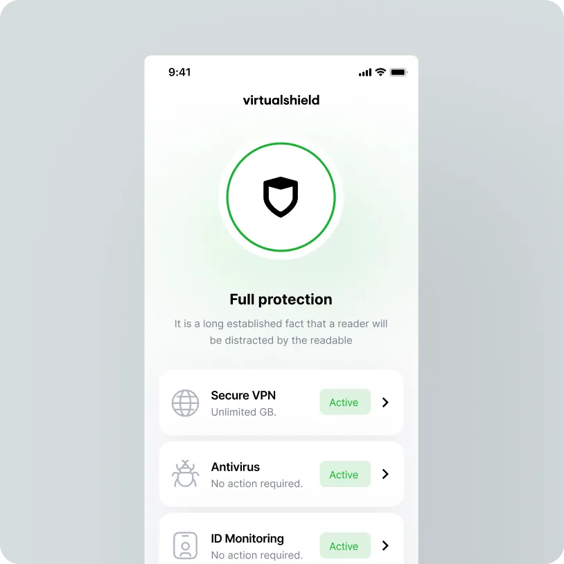 Mobile app interface for VirtualShield showing full protection with active Secure VPN, Antivirus, and ID Monitoring services.