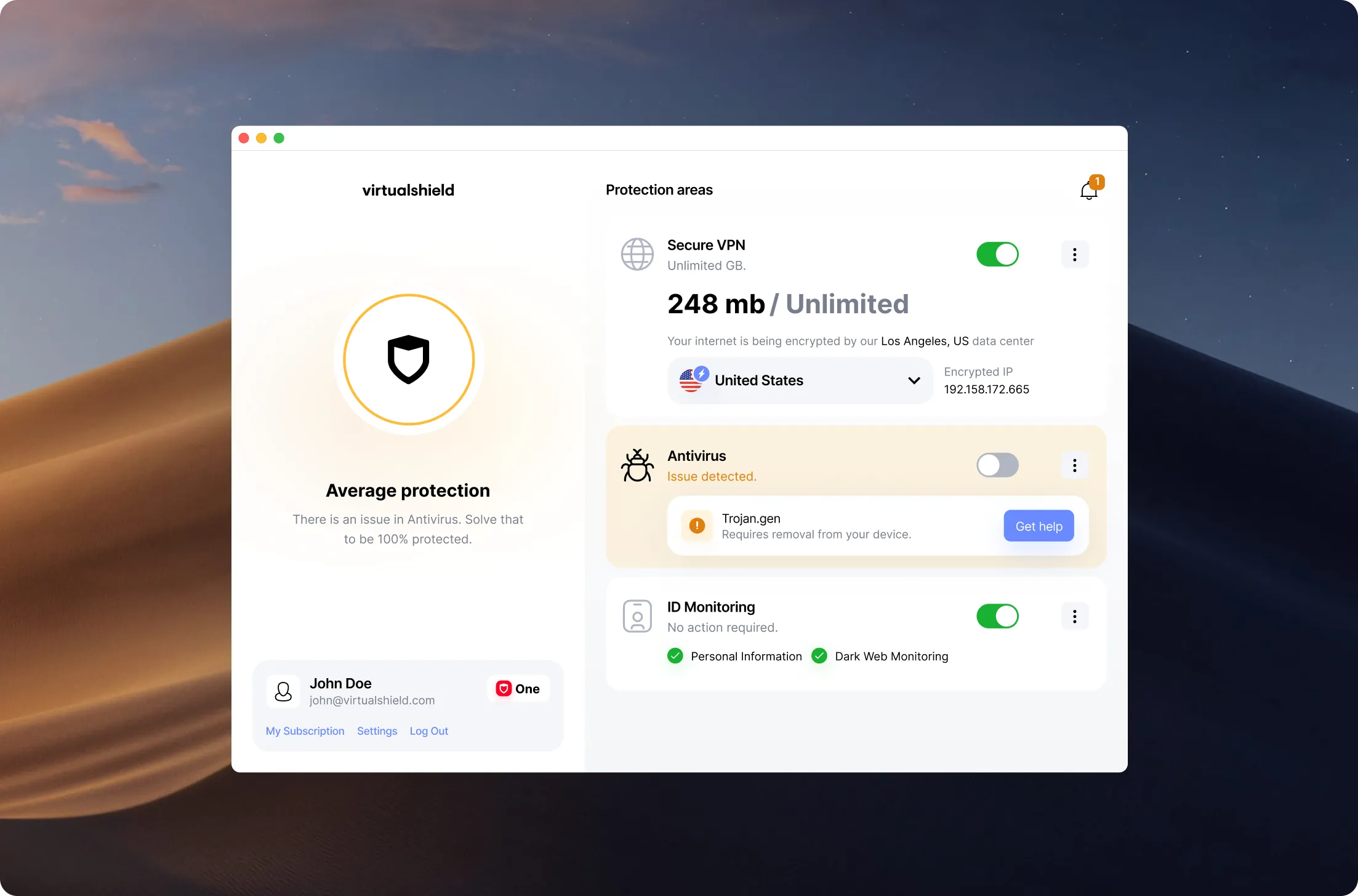Virtualshield app window showing average protection status with antivirus issue detected, secure VPN active for United States, and ID Monitoring enabled.