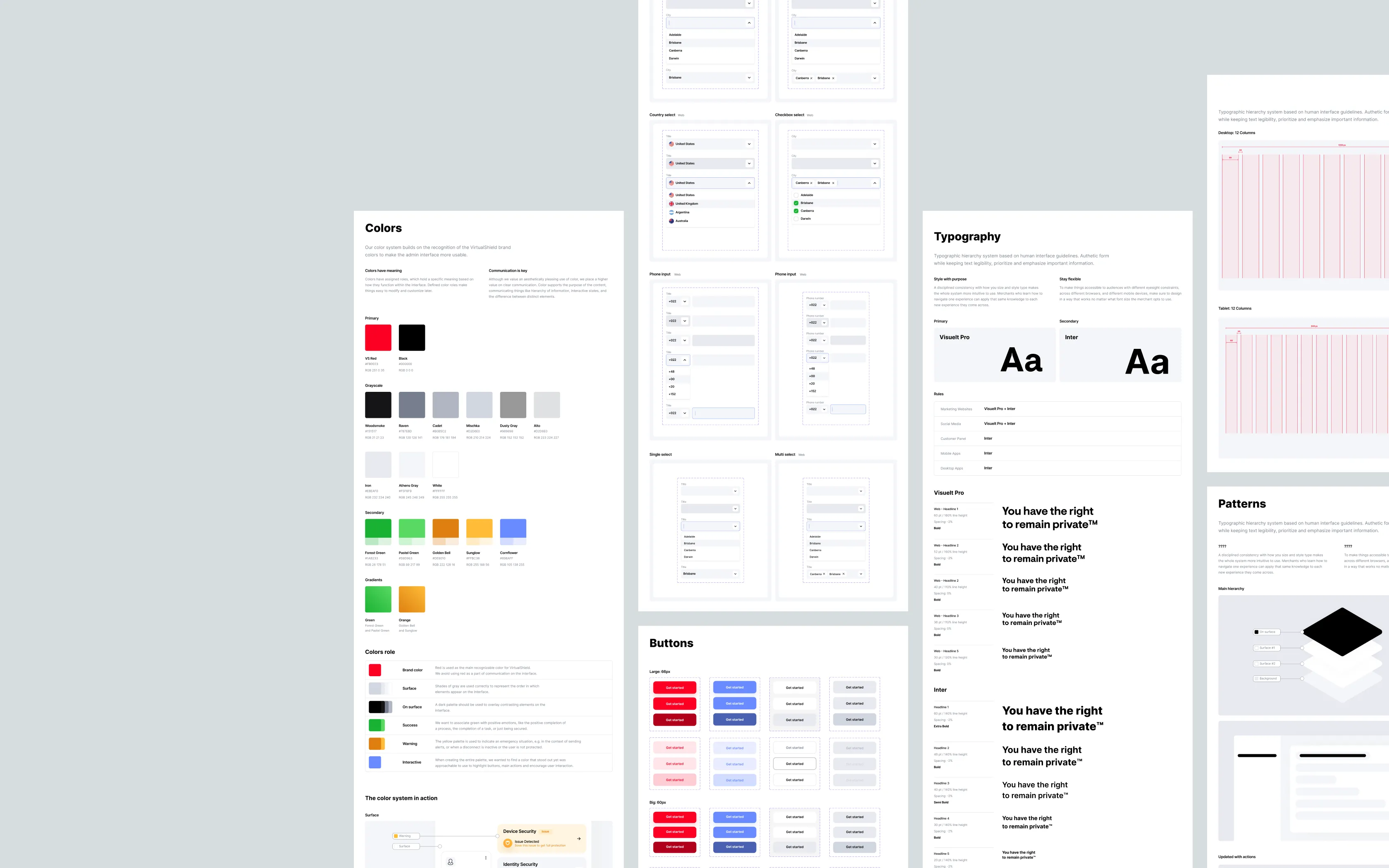Design system guidelines showing sections on colors, buttons, typography, and layout patterns with color swatches, font styles, and UI component examples.