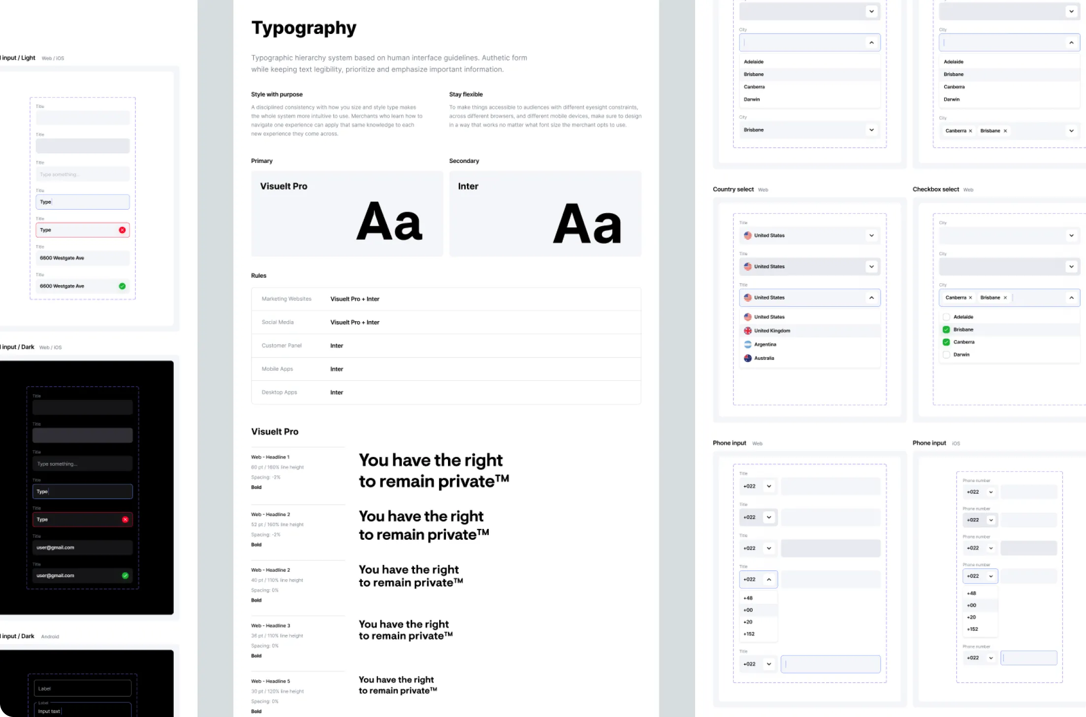 Typography guidelines displaying font hierarchy with Visuelt Pro and Inter fonts, input field examples in light and dark modes, country and city dropdown selectors, checkbox selections, and phone input dropdown menus.