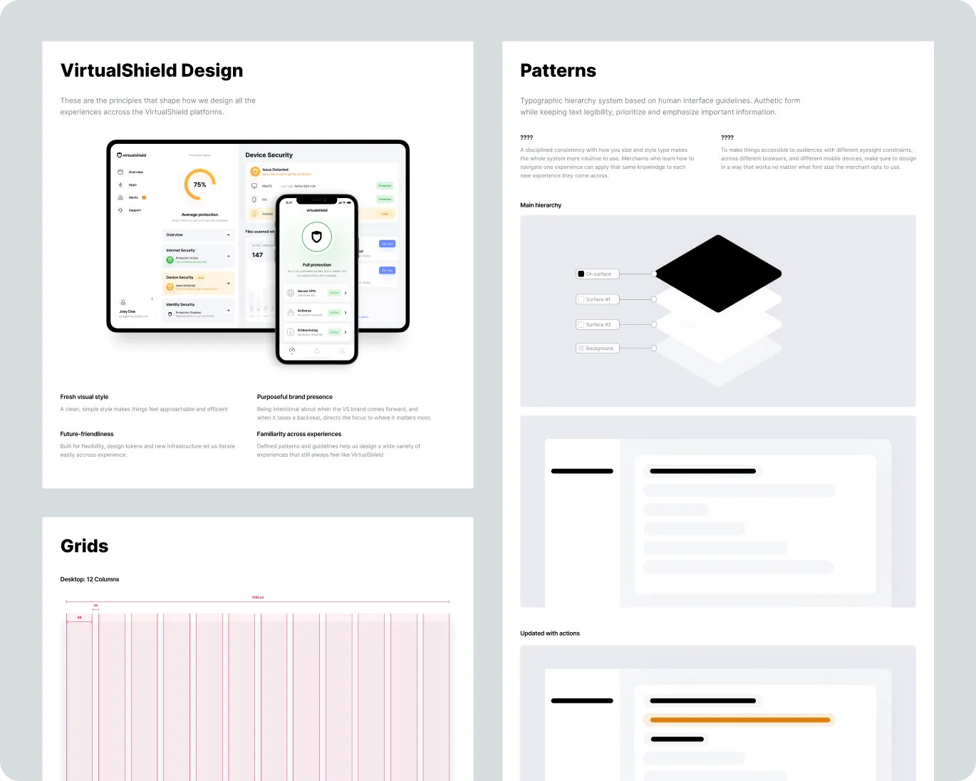 VirtualShield design guide with sections on design principles, typography patterns, and grid layout for digital interfaces.