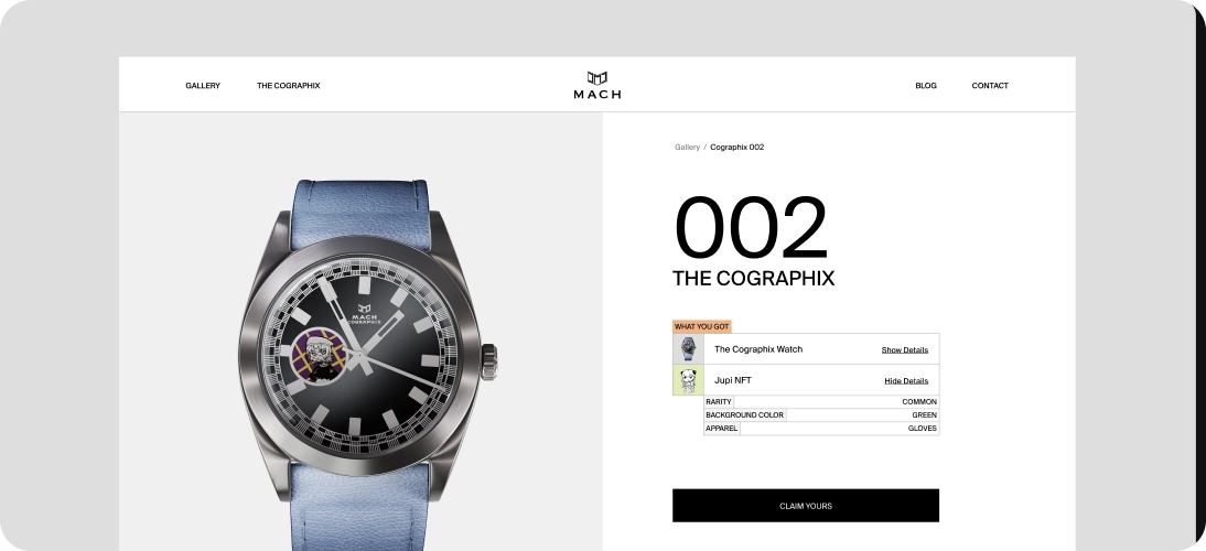 Website page showing MACH Cographix 002 watch with a black dial, silver case, and blue leather strap alongside details about the watch and a claim button.