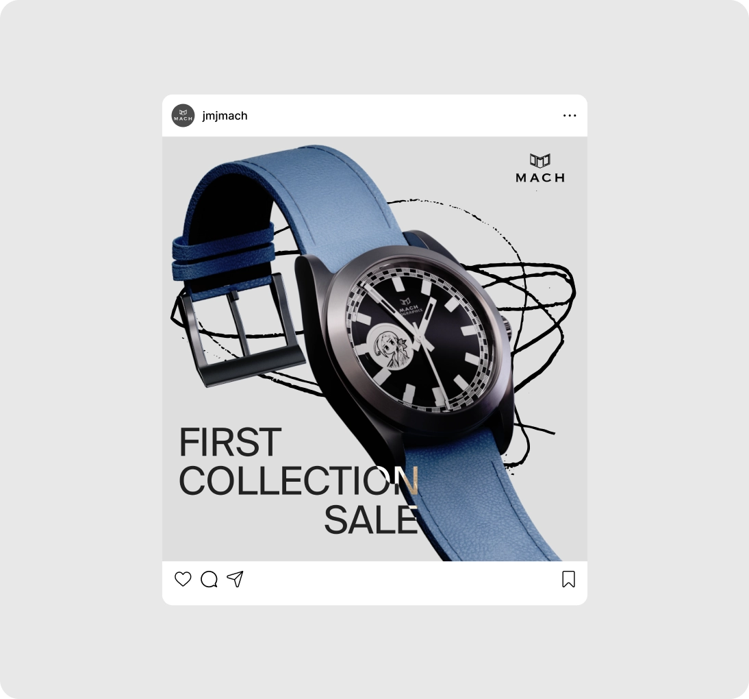 Black wristwatch with blue leather strap and a detailed face showing 'MACH' branding, set against a light gray background with black abstract lines and text saying First Collection Sale.