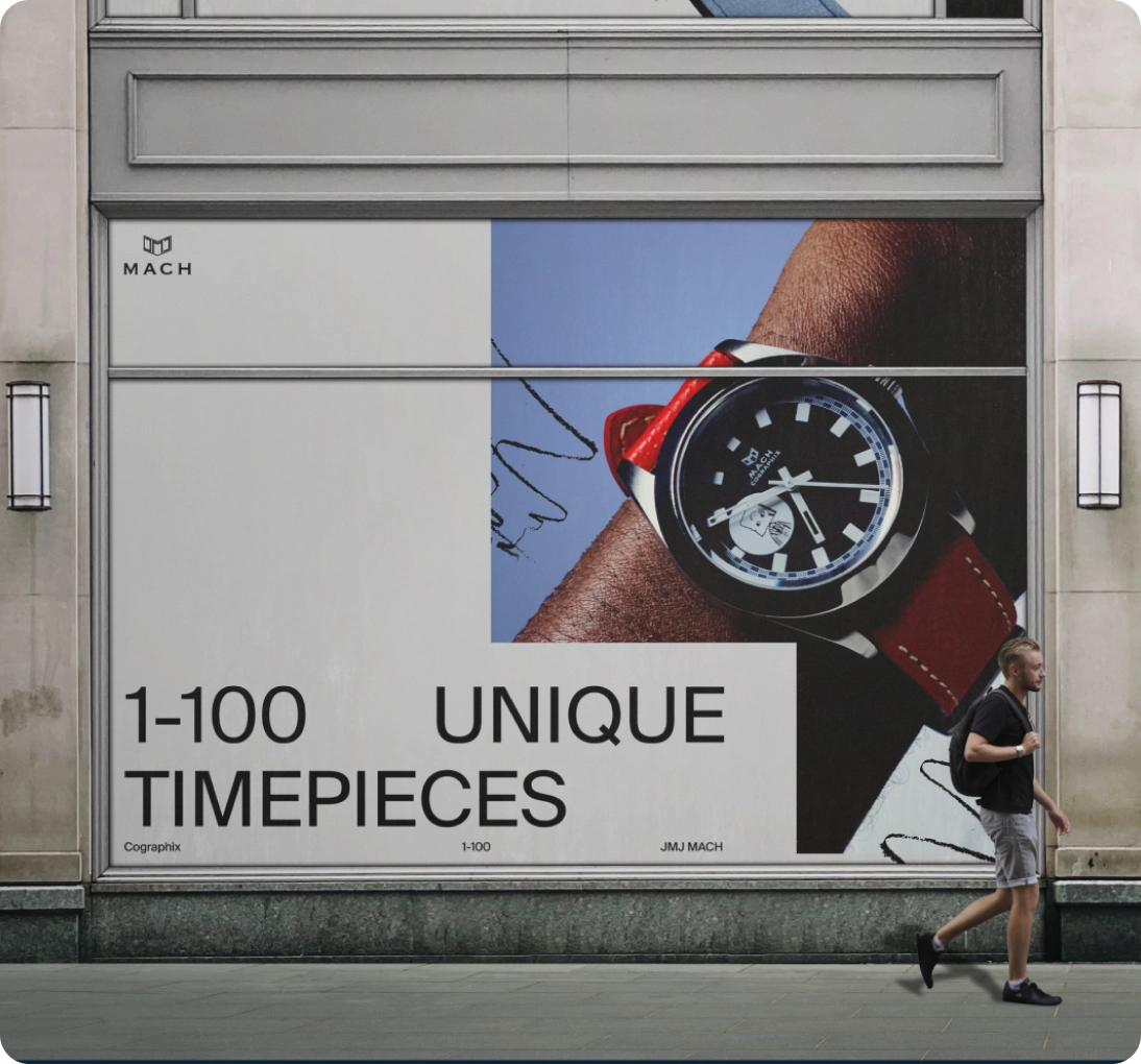 Street advertisement showing a wristwatch with a red strap on a wrist and the text '1-100 Unique Timepieces'.