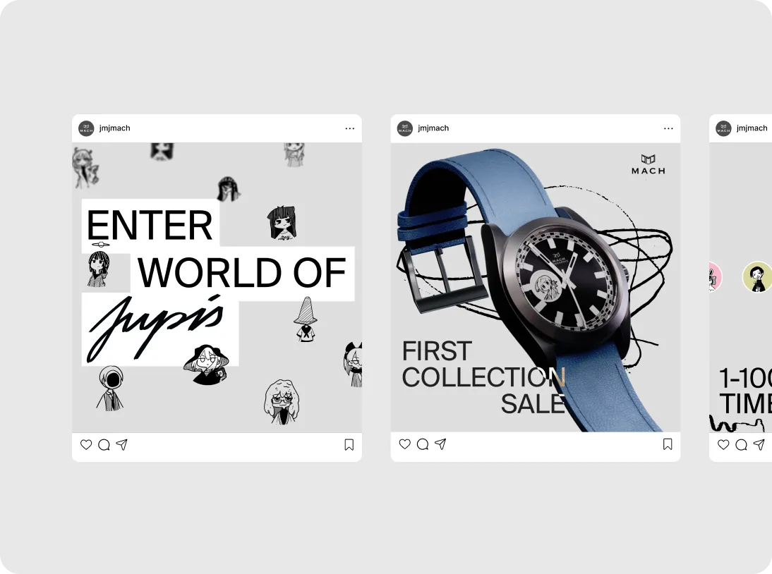 Two social media posts by jmjmach; left post says 'ENTER WORLD OF Jupis' with small black and white character drawings; right post shows a black watch with a blue strap and text 'FIRST COLLECTION SALE' with MACH logo.