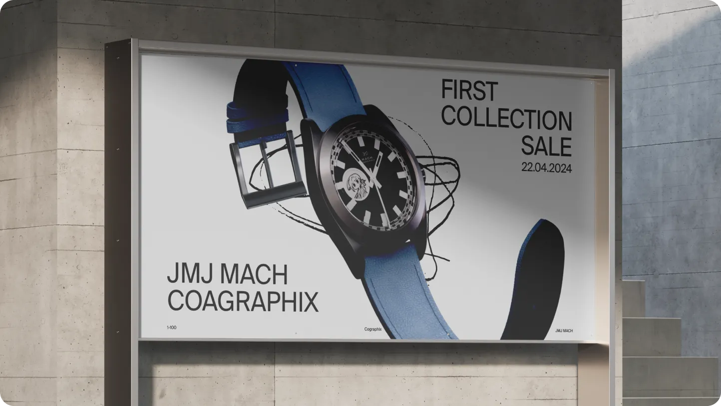 Billboard advertising JMJ Mach Coagraphix watch with blue strap and text announcing first collection sale on 22.04.2024.