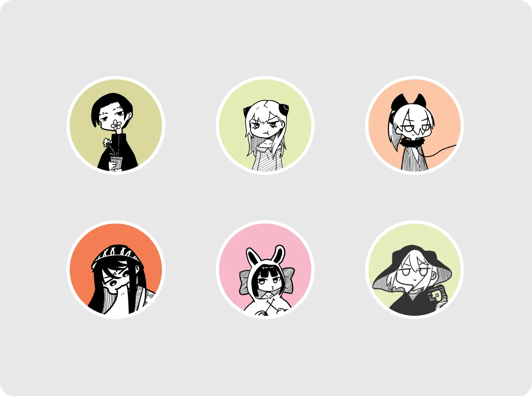 Six monochrome cartoon characters in circular colored backgrounds arranged in two rows, each with distinct hairstyles and accessories.
