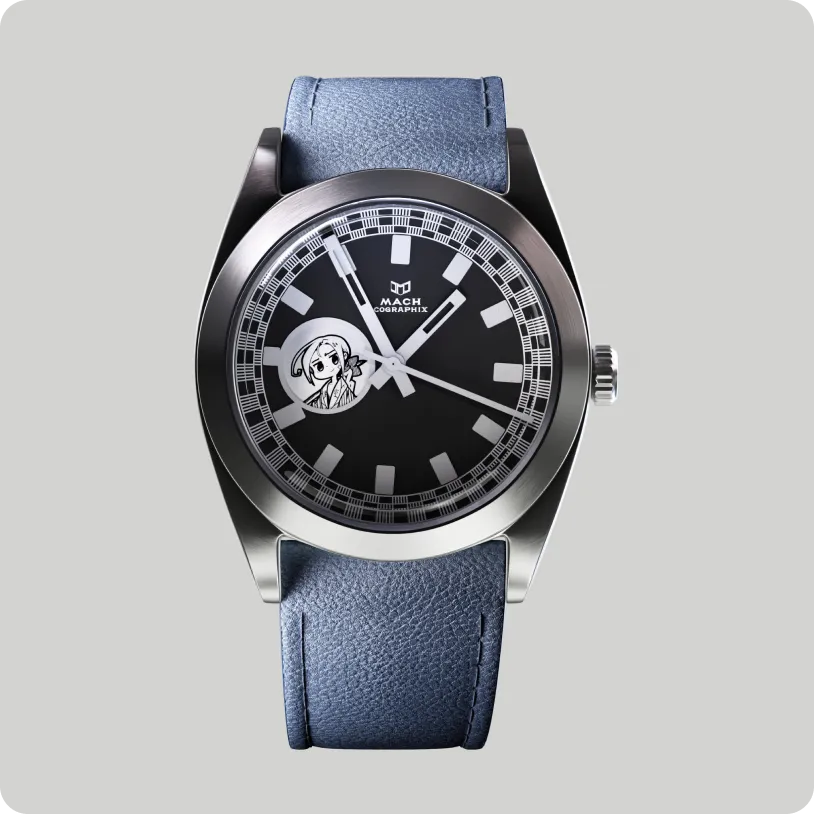 Silver wristwatch with a black face, white hour markers, and a blue leather strap featuring a small cartoon character on the dial.