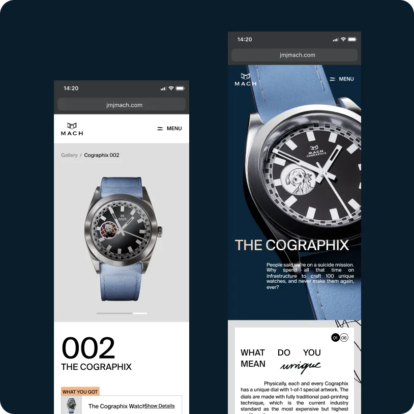 Two mobile screens showing a wristwatch with a blue strap and black dial featuring unique artwork, labeled The Cographix by MACH.