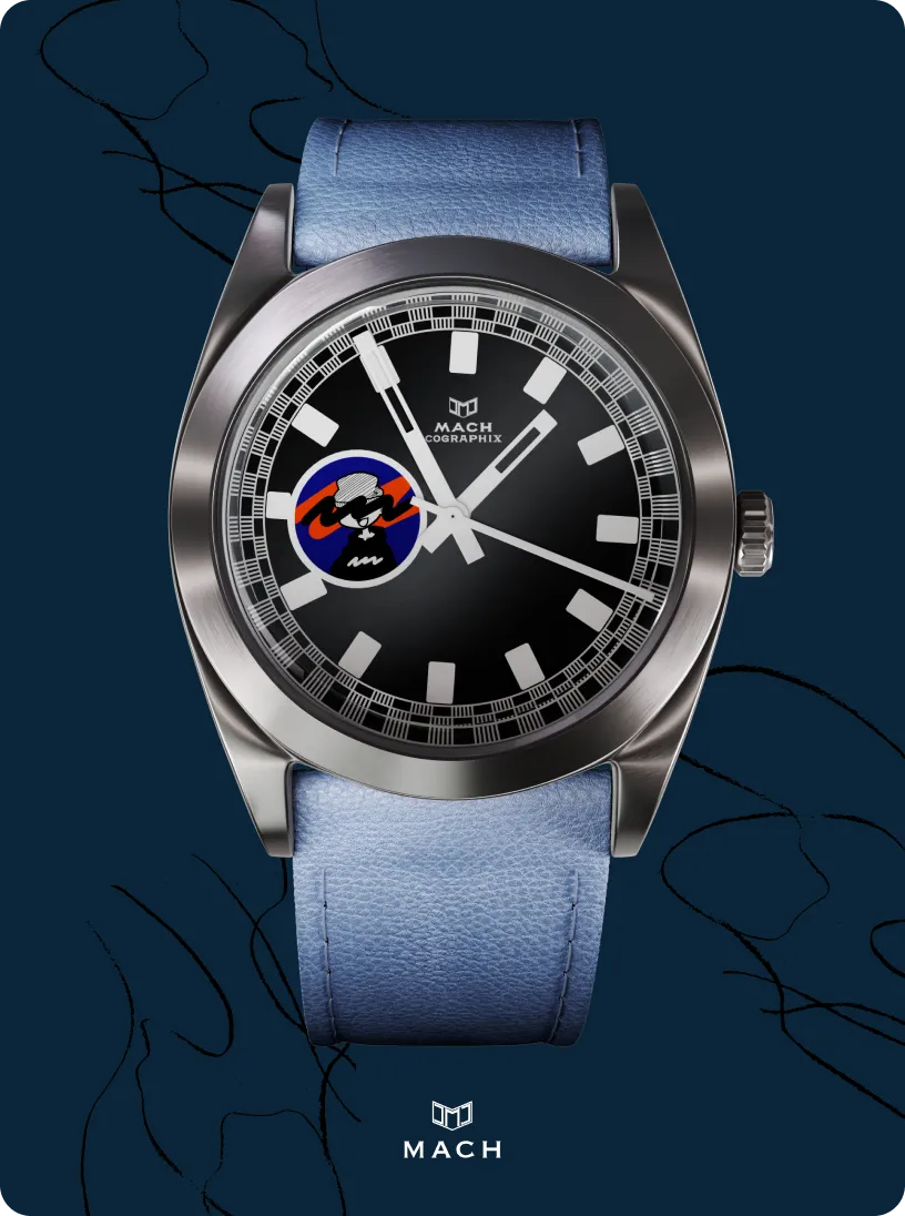 Silver wristwatch with a black dial, white hour markers and hands, a blue leather strap, and a colorful small graphic near the 9 o'clock position, set against a dark blue background with the MACH logo below.