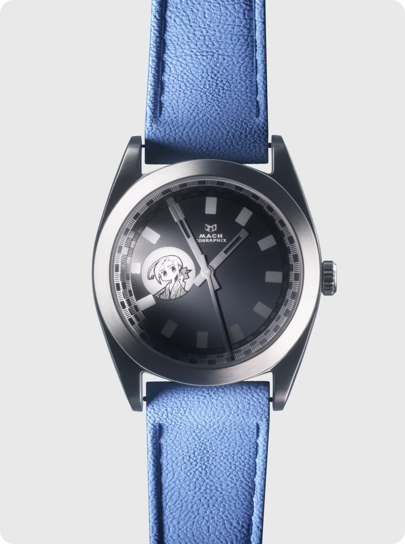 Round wristwatch with a blue textured leather strap and a dark face featuring a small cartoon character illustration near the 9 o'clock position.