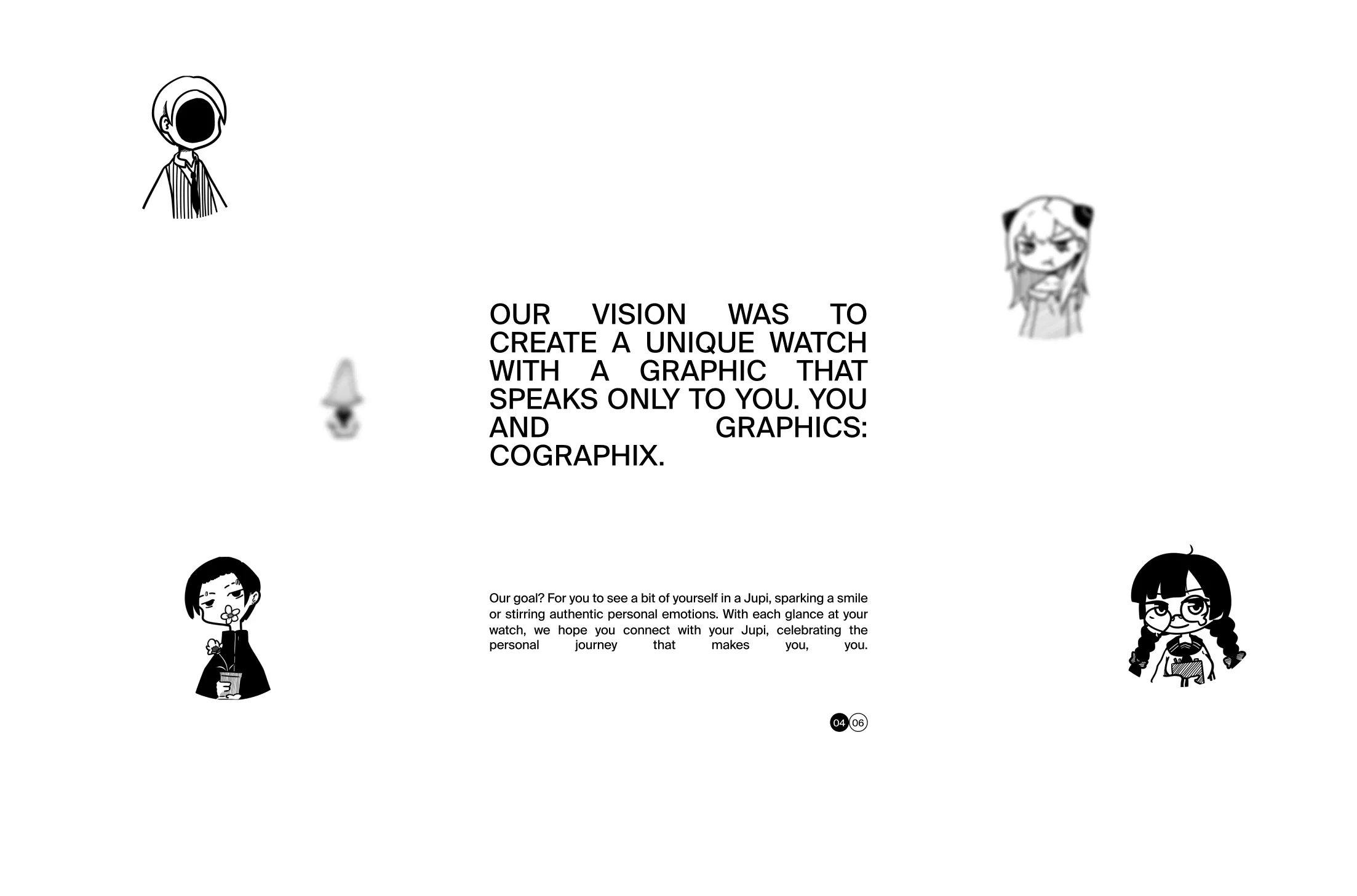 Page with five black-and-white cartoon characters around centered text about creating a unique watch with graphics that connect personally.