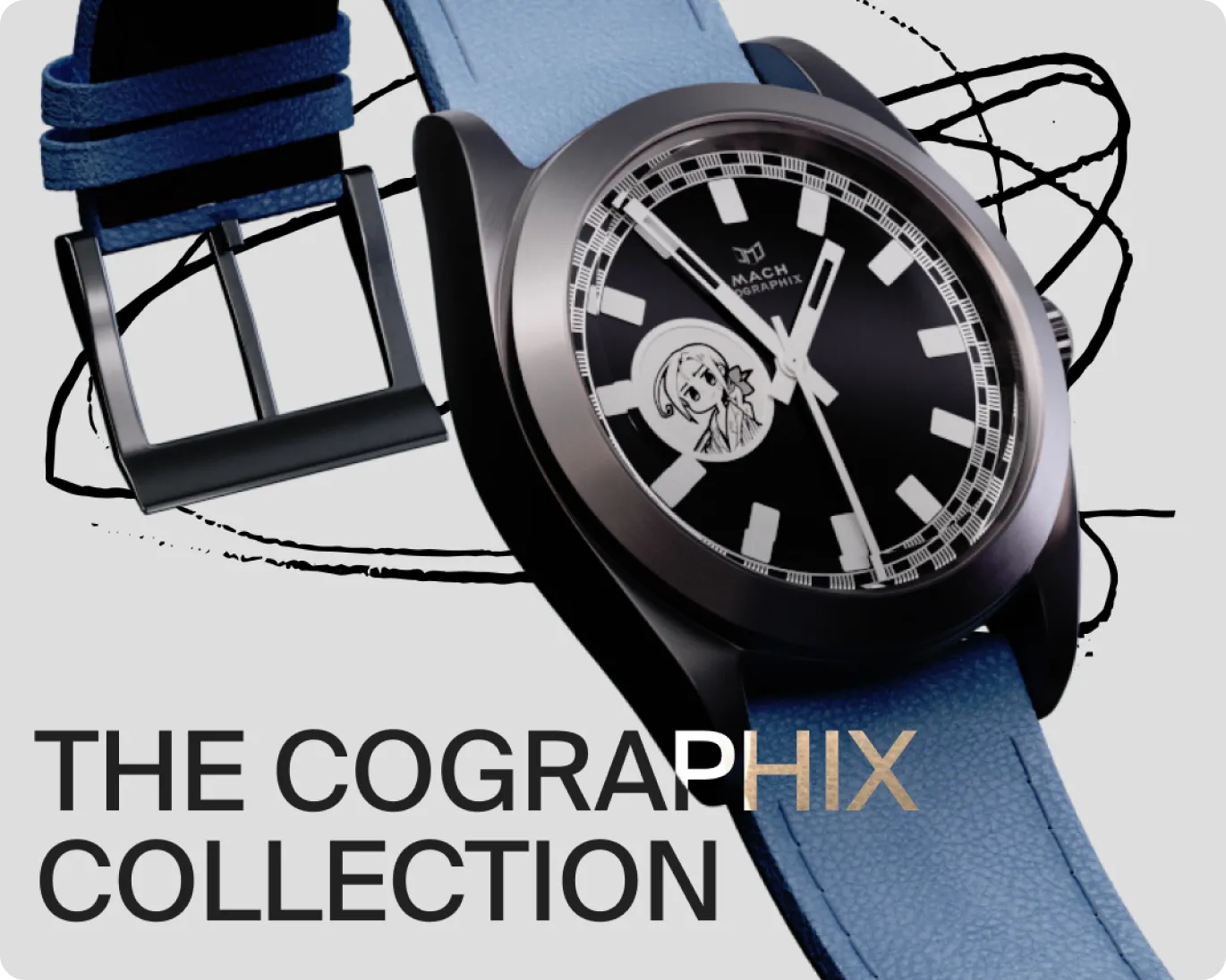Close-up of a black wristwatch with blue leather strap and white hour markers, featuring an anime-style character on the dial, labeled The Cographix Collection.