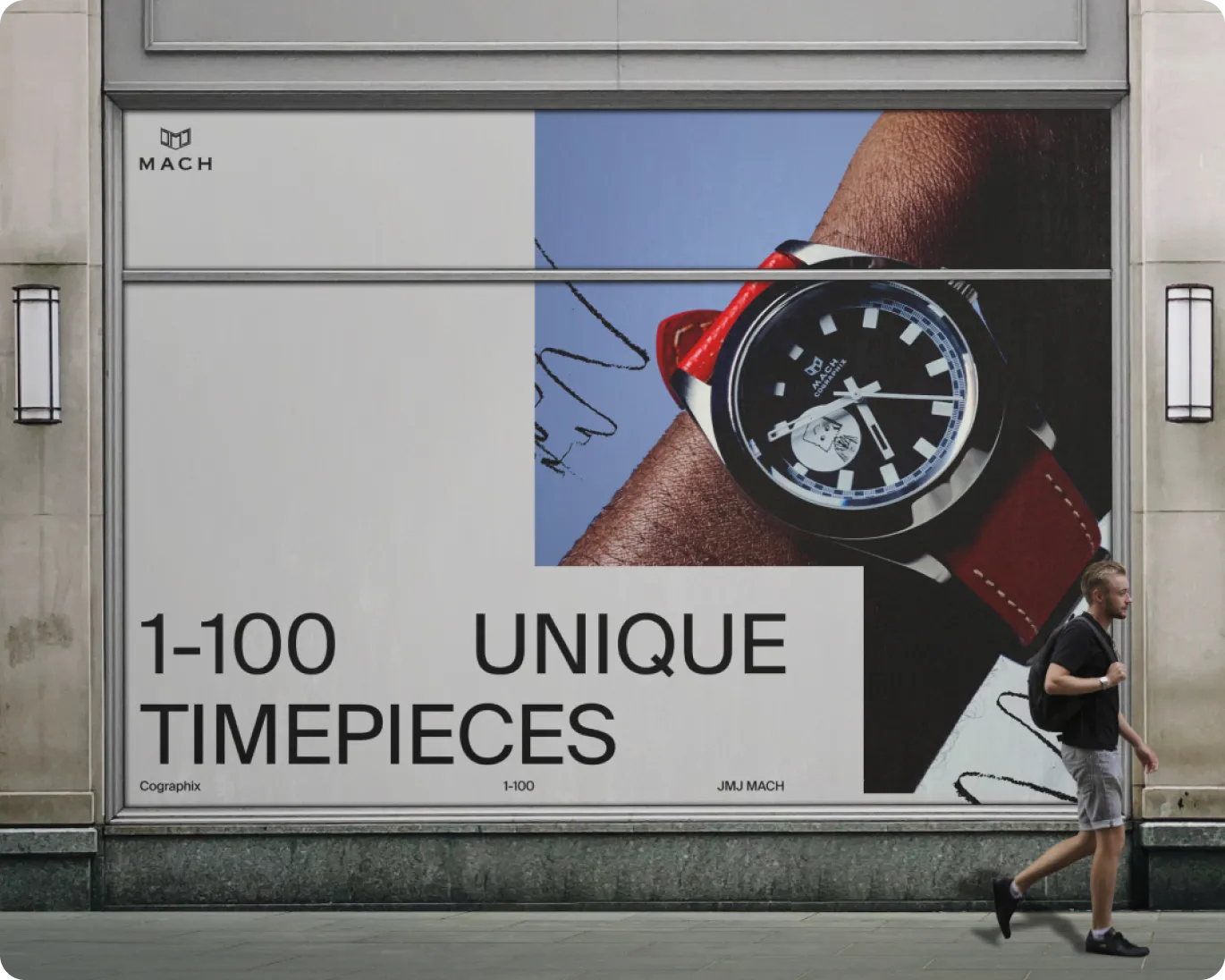 Large outdoor advertisement featuring a wristwatch with a red band and black dial on a person's wrist, with text stating '1-100 UNIQUE TIMEPIECES' and the brand name MACH.