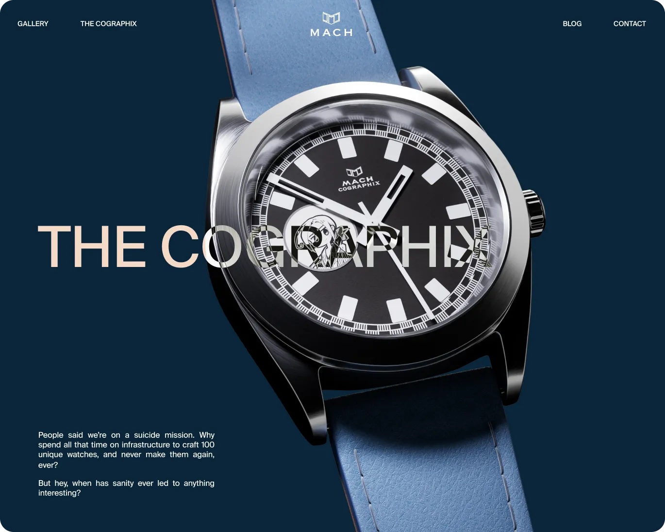 Close-up of a MACH Cographix wristwatch with a blue leather strap on dark blue background, featuring bold white hour markers and hands.