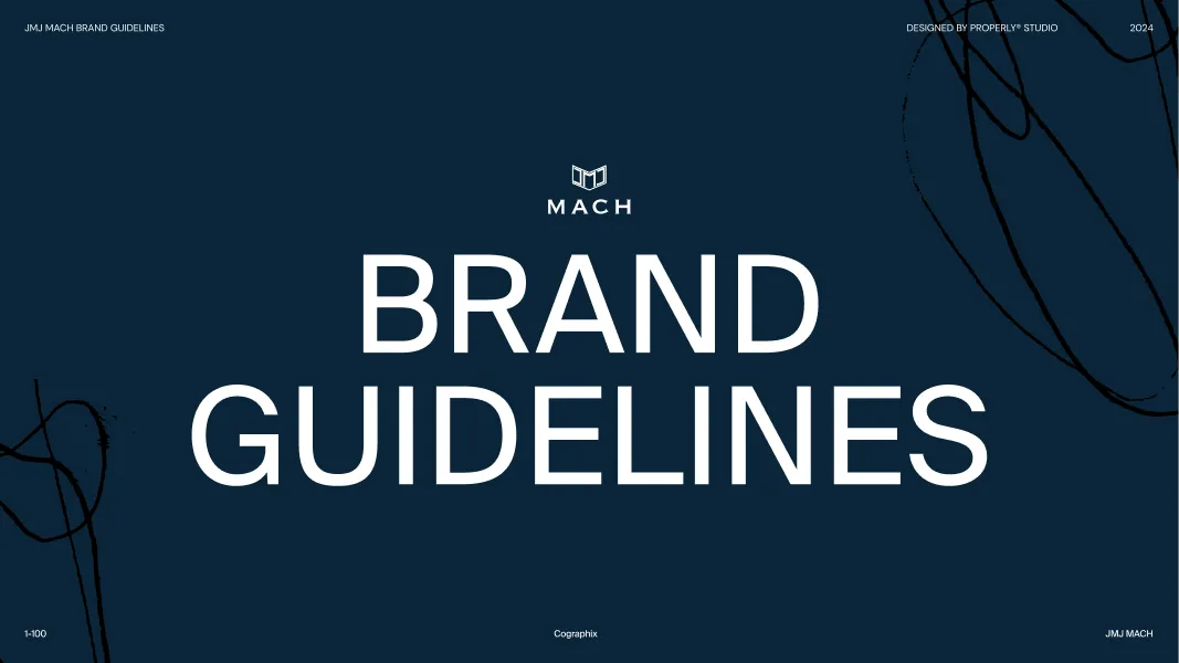 Dark blue background with white text reading 'MACH BRAND GUIDELINES' and a small book icon above the word MACH.