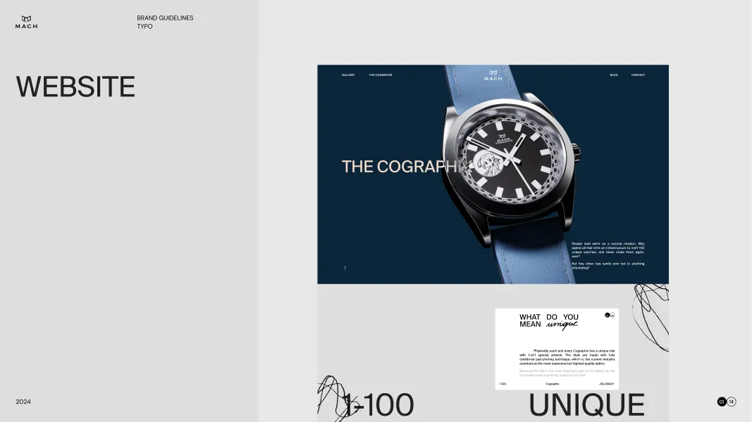 Website brand guideline page showing a wristwatch with a blue strap against a dark blue background, labeled 'THE COGRAPH.'