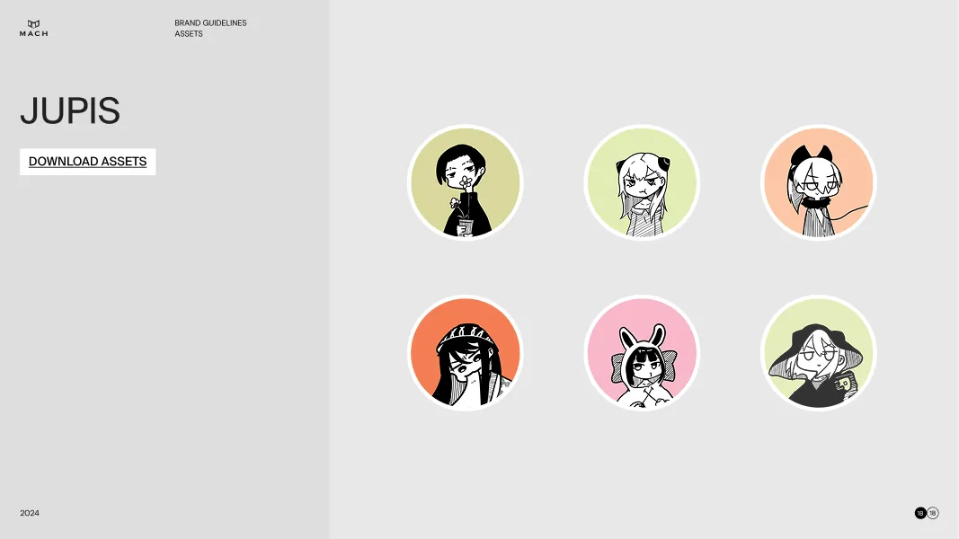 Six monochrome cartoon character portraits in circular frames with pastel backgrounds, displayed in two rows of three on the right side, with text and a download button for 'JUPIS' brand assets on the left.