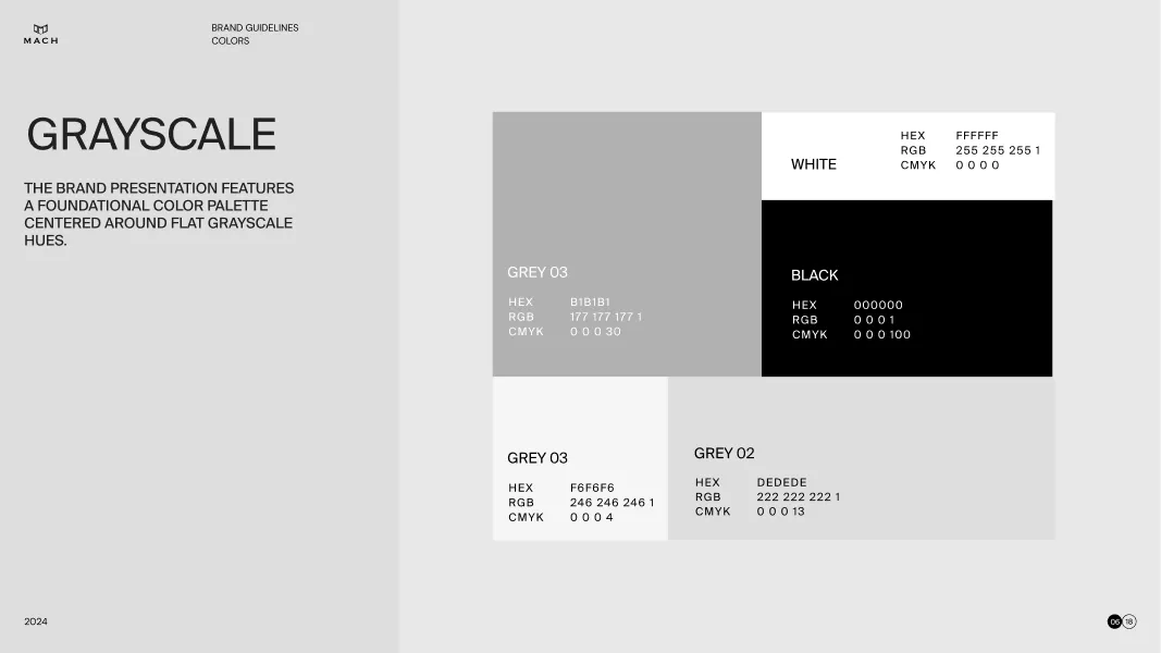 Grayscale brand color palette with white, black, and three shades of gray showing their HEX, RGB, and CMYK codes.