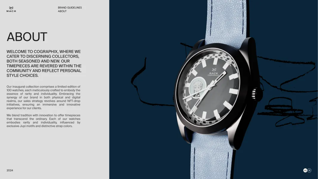 Close-up of a Mach Cographix wristwatch with a light blue strap and black case, alongside text describing the brand's story and collection details.